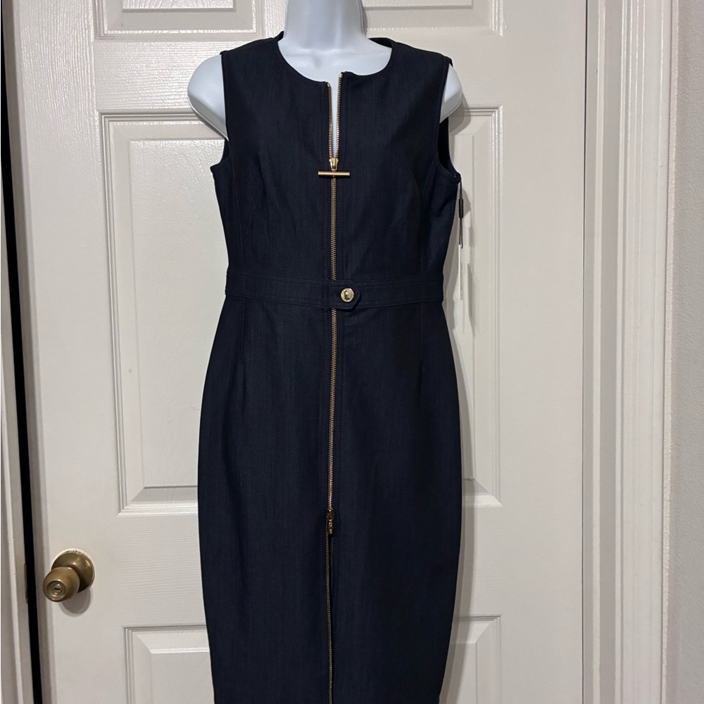 Calvin Klein Navy Sheath Dress with Gold Zip Detail